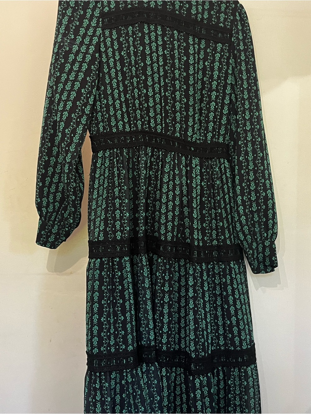 Black Midi Dress with Teal Pattern - Women's Long Sleeve Tiered Dress